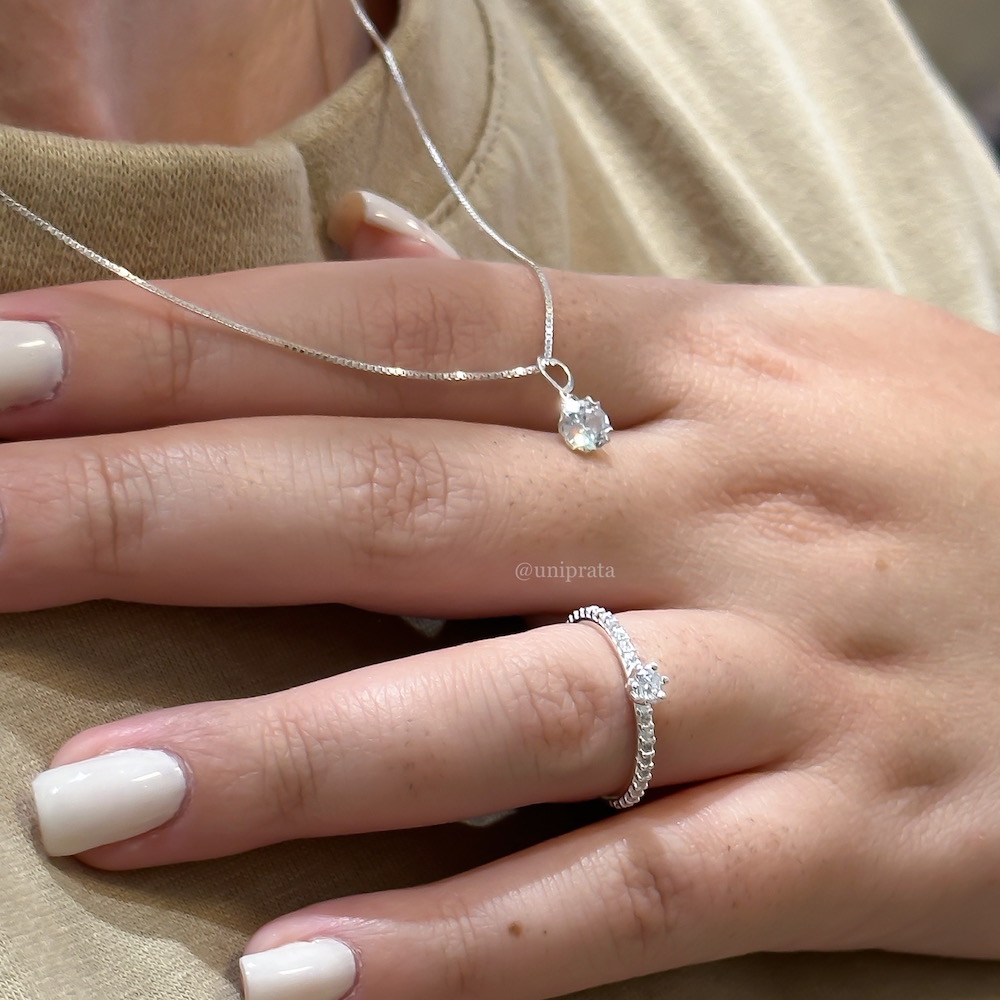 Kit - Anel Solitário Grécia + Colar Ponto de Luz - Foto 02